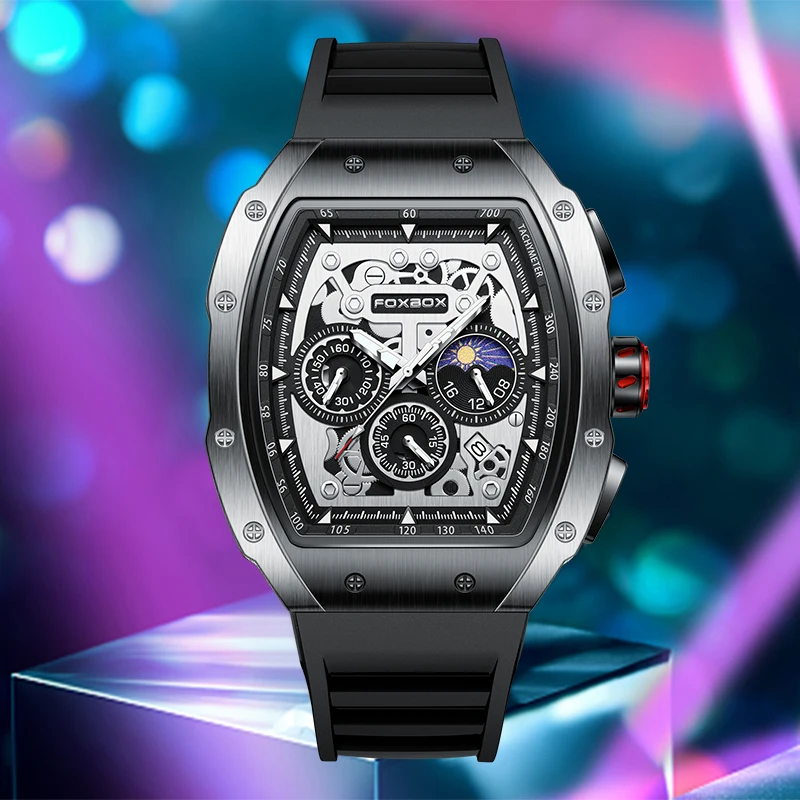 FOXBOX Fashion Man Watch Casual Sport Wristwatch Silicone Strap 24-Hour Moon Phase Clock Calendar Waterproof Quartz Watches Male
