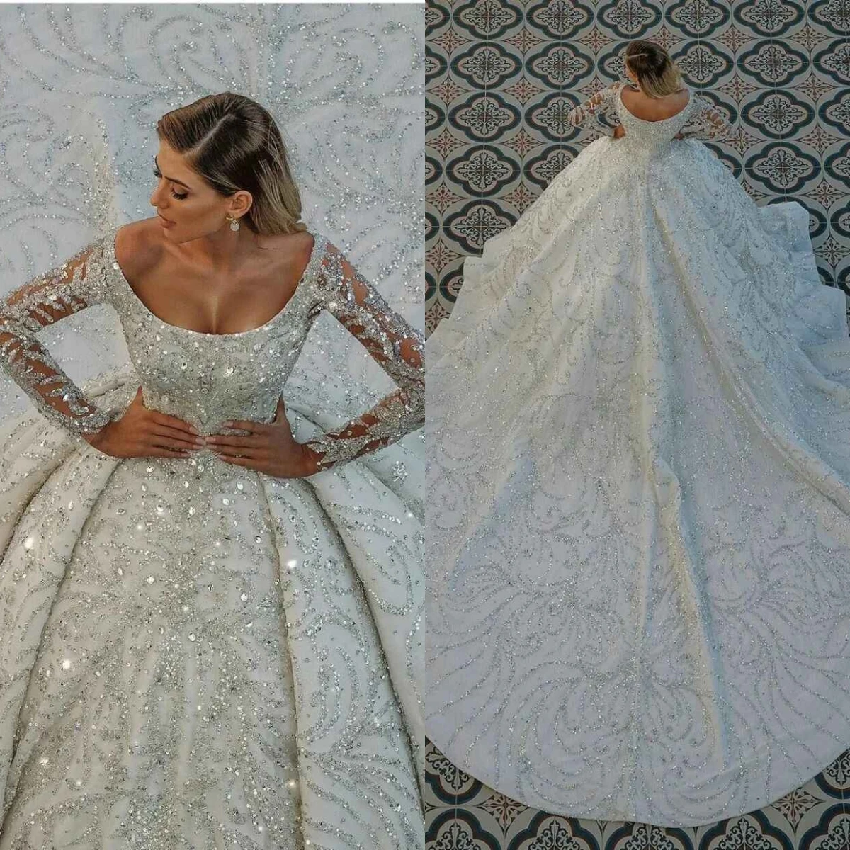 

Princess Ball Gown Wedding Dresses Crystals Sequins Lace Sweep Train Bridal Gowns Big Size Vestidos De Novia Custom Size Colour