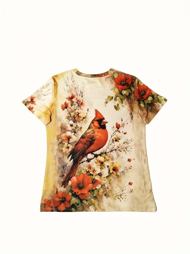 Women's PLUS Size 3D Retro Floral and Redbird Print Short Sleeved T-shirt, Loose and Casual, Soft and Comfortable, Breathable