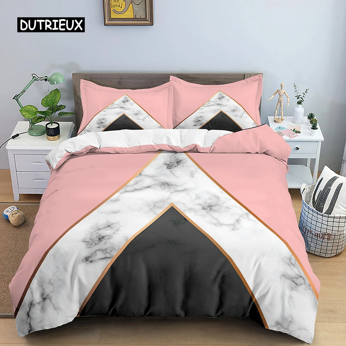 

Geometric Duvet Cover Set Single Nordic Plaid King Size Quilt Cover Microfiber Pink White Black Stripe Pattern Soft Bedding Set