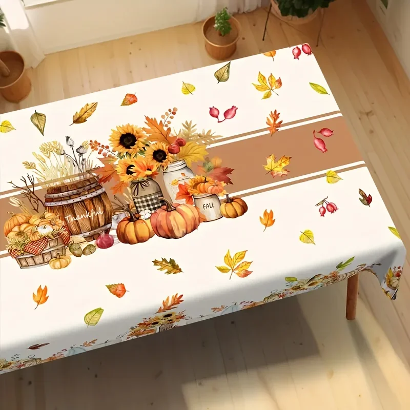 One rectangular circular tablecloth, Thanksgiving tablecloth, pumpkin maple leaf vase decoration tablecloth.PMJ