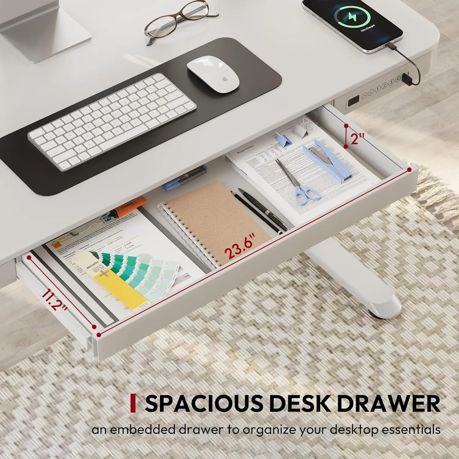 مكتب قائم مع درج، مكتب مكتب منزلي قابل للتعديل بارتفاع كهربائي مع مساحة تخزين ومنافذ USB، سطح طاولة من الخشب الأبيض مقاس 55 بوصة #4