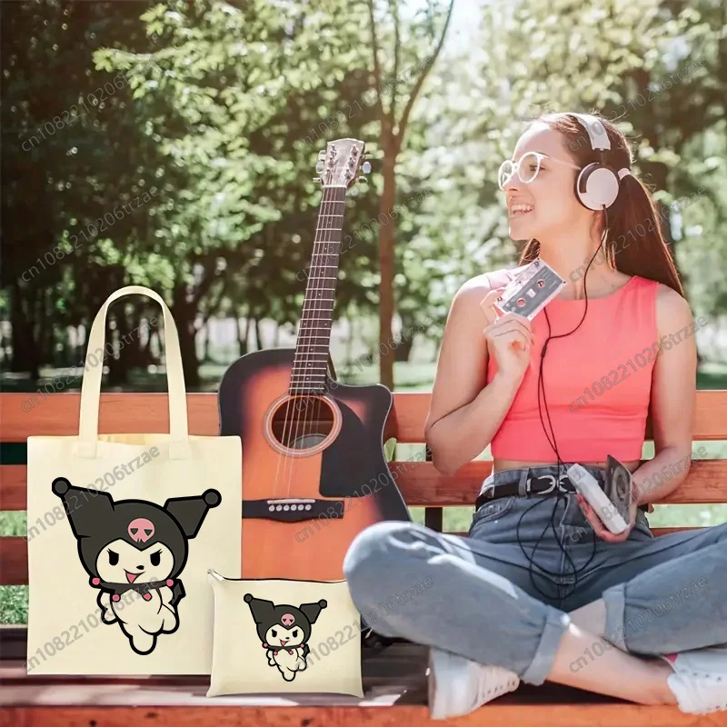 

Набор сумок-шопперов Kawaii Kuromi Love Aesthetic Art Canvas Bag Totes с простым принтом, повседневные сумки для девочек, косметичка