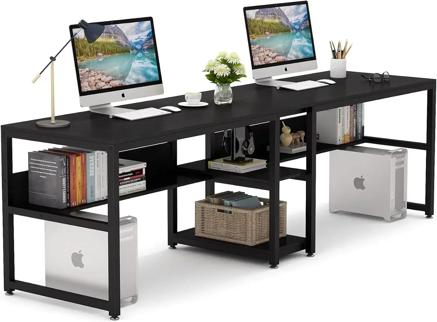 Tribesigns Two Person Desk with Bookshelf, 78.7 Computer Office Double Desk for Two Person, Rustic Writing Desk Workstation with