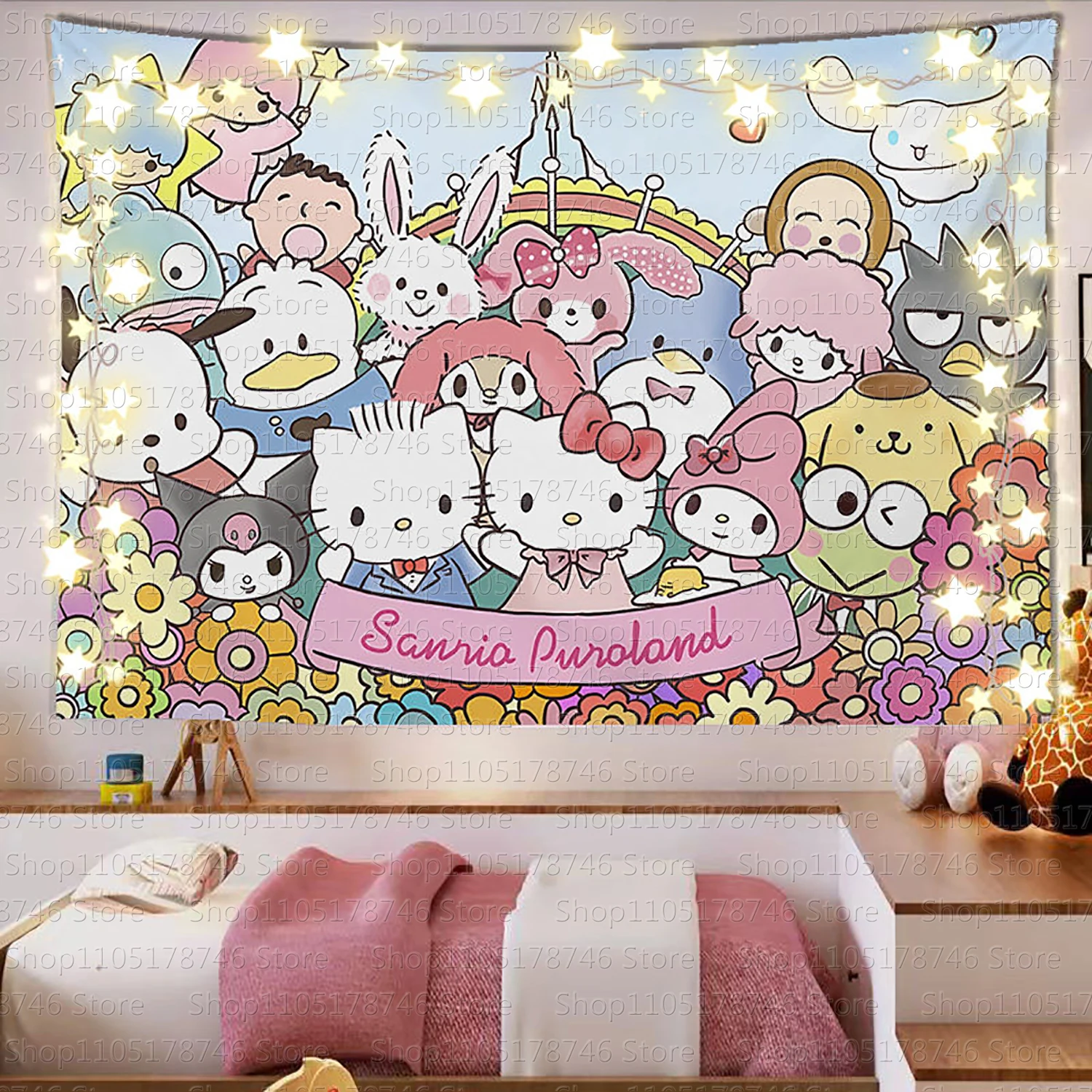 Sanrio Mikko Niedlicher Cartoon-Hintergrundstoff im Ins-Stil, Raumdekoration, Wandteppich, Dekoration für Mietwohnungen, Hängetuch