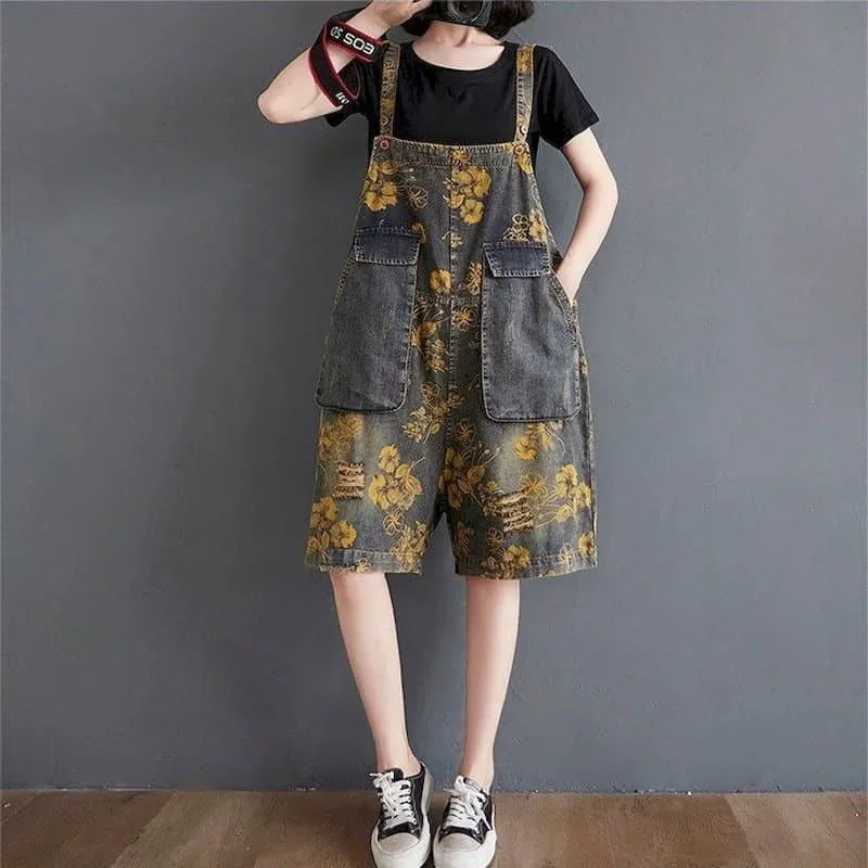 

Denim Jumpsuits Oversized Printed Five-point Pants Casual Pocket Wide Leg Shorts Loose Playsuit One Piece Outfits Women Clothing