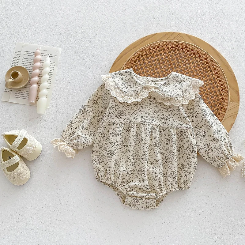 Baby Girls Romper Autumn Infant Baby Bodysuit Lace Flower Cotton Long Sleeved Newborn Baby Jumpsuit Princess Baby Girl Clothing