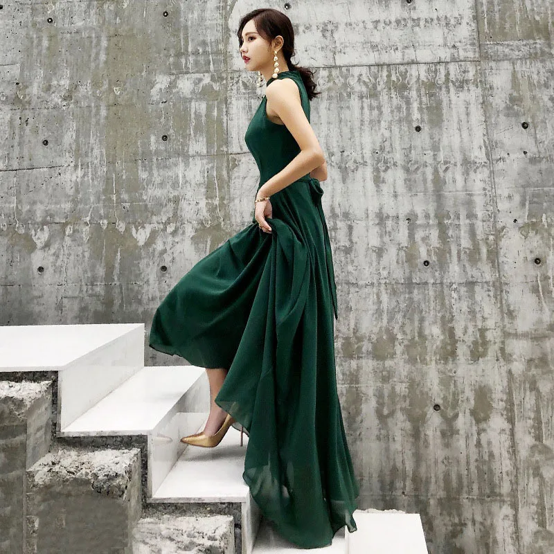 Green long halter sweat lady girl women princess bridesmaid banquet party ball prom dress daily wear gown