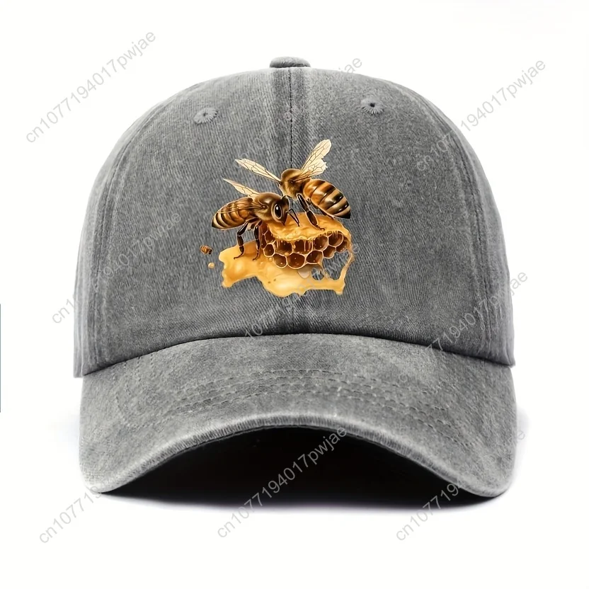 قبعة بيسبول للجنسين مكونة من قطعة واحدة مع طباعة النحل والعسل - تصميم طبيعي بني ذهبي على بوليستر أسود وخفيف الوزن لملابس الشارع