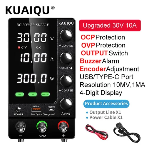 Imagen 1 del producto KUAIQU-fuente de alimentación CC de SPS-C3010 actualizado, 30V, 10A, salida OCP OVP, con ajuste del codificador, USB tipo C, carga rápida, 60V, 120V