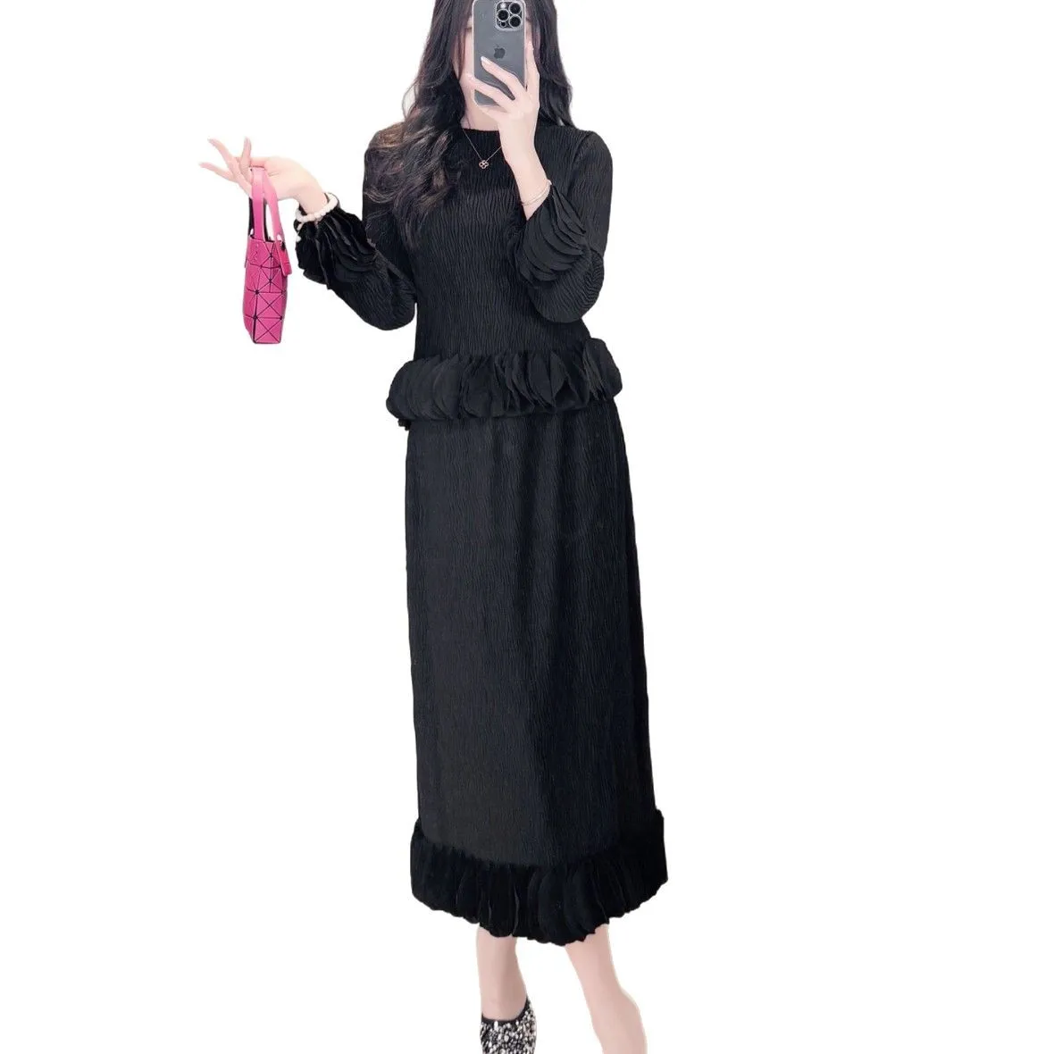 Top de manga de pétalo con cuello redondo + falda de medio cuerpo de Color sólido con cintura elástica conjunto de dos piezas Miyake 2025 novedad de verano traje de mujer