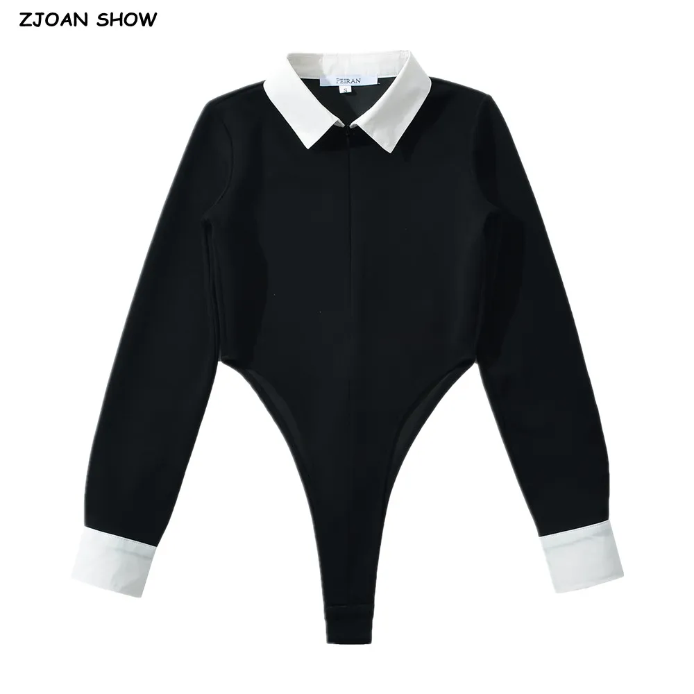 Y2K Vintage Black Spliced White Lapel Collar Long Sleeve Bodysuit Woman Short Jumpsuit Slim Fit Rompers Bodycon Playsuits