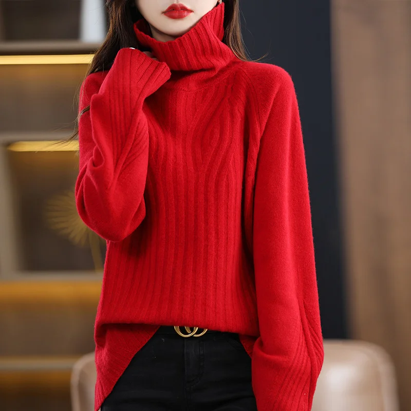 Women Heavy Thicken Warm Sweater 100% Merino Wool Jumper 2023 Autumn Winter New Female High Collar Loose Korean Version Pullover