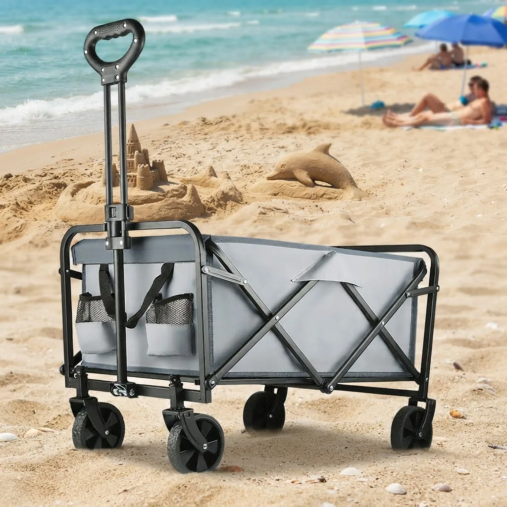 W005A High Quality Steel Foldable Portable Beach Wagon Large Capacity Adjustable Handle Heavy Duty Shopping Cart Fishing Travel