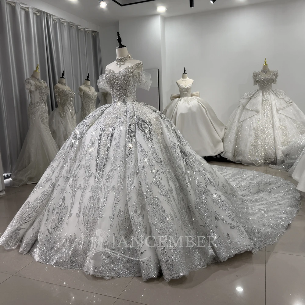 فستان زفاف أنيق برقبة دائرية وأكمام قابلة للانفصال فستان زفاف لؤلؤي فستان زفاف لامع مخصص فيستدوس دي نوفيا بودا