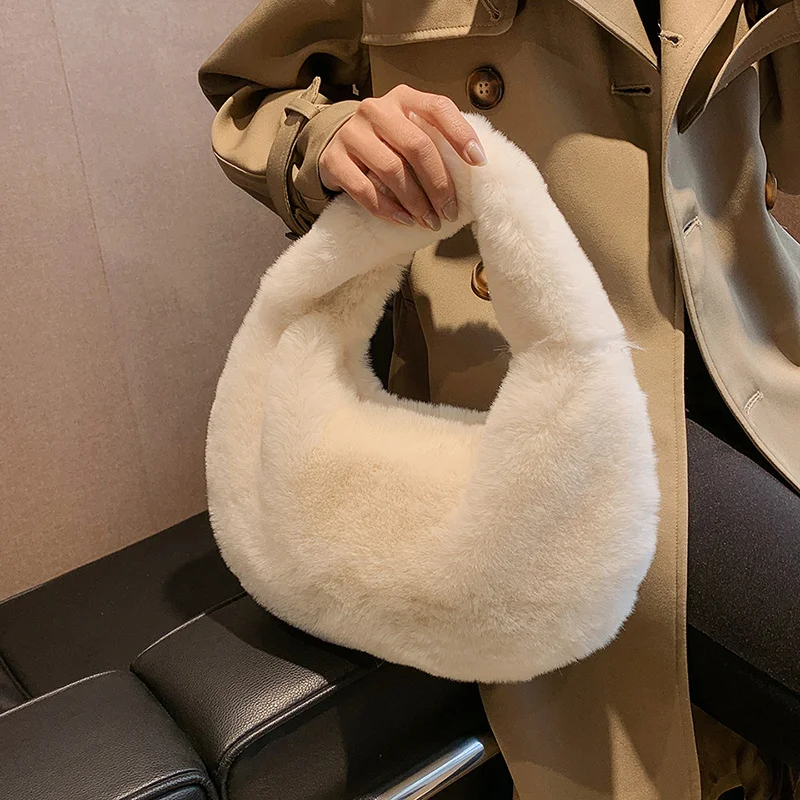 Solid Color Plush Dumpling Bag Simple Style Niche Design Faux Fur Handbag Tote Small Women\'s Underarm Hobo Bag
