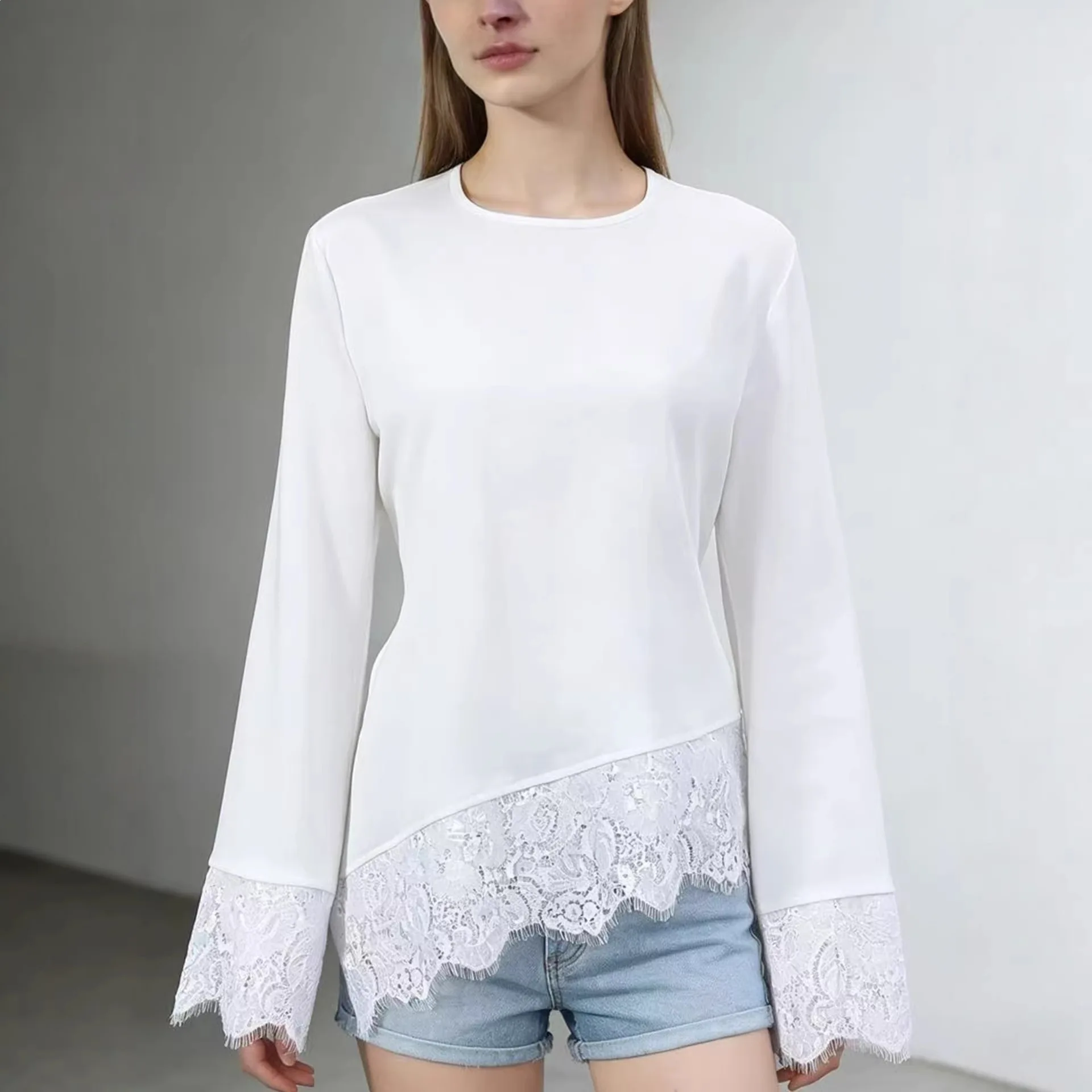 Round Neck Lace Splicing Long Sleeve Irregular Hem Bottoming Shirt Solid Color T-shirt Women's Spring Summer Versatile Pullover