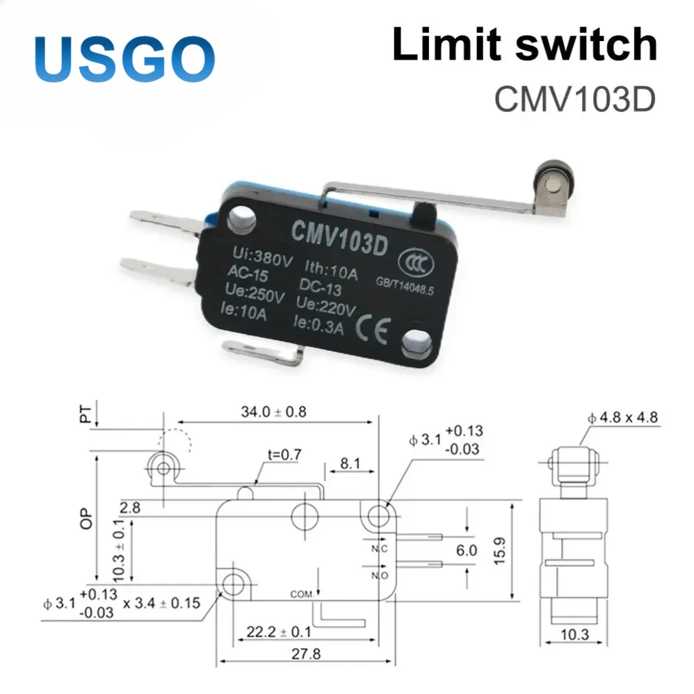 USGO CMV103D Long Hinge Lever Micro Limit Switch AC 110V 220V Momentary Stroke Switch for CNC Router CO2 Laser Machine Parts