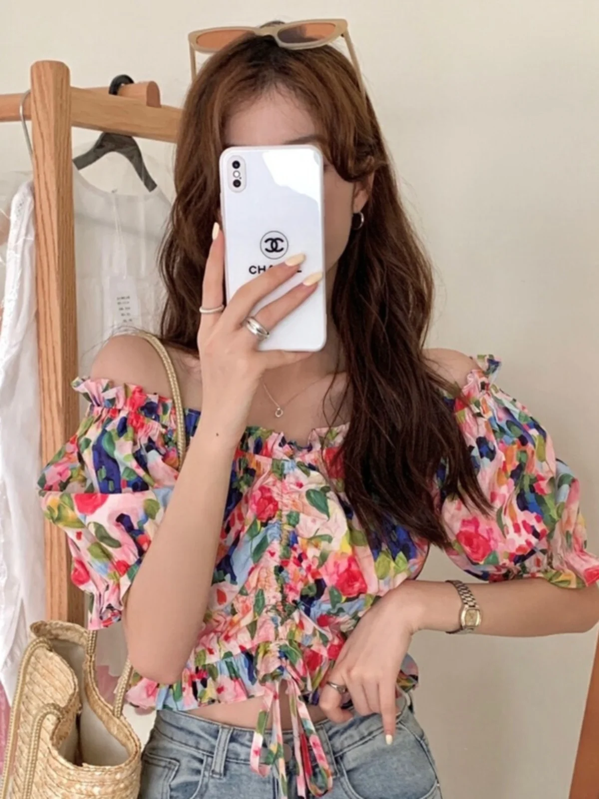 Chic Floral ort irt Women's Bubble Sve Top Sweet Youthful Knot Design Korean Sle Slim Fit Commute Faion Spring Col...