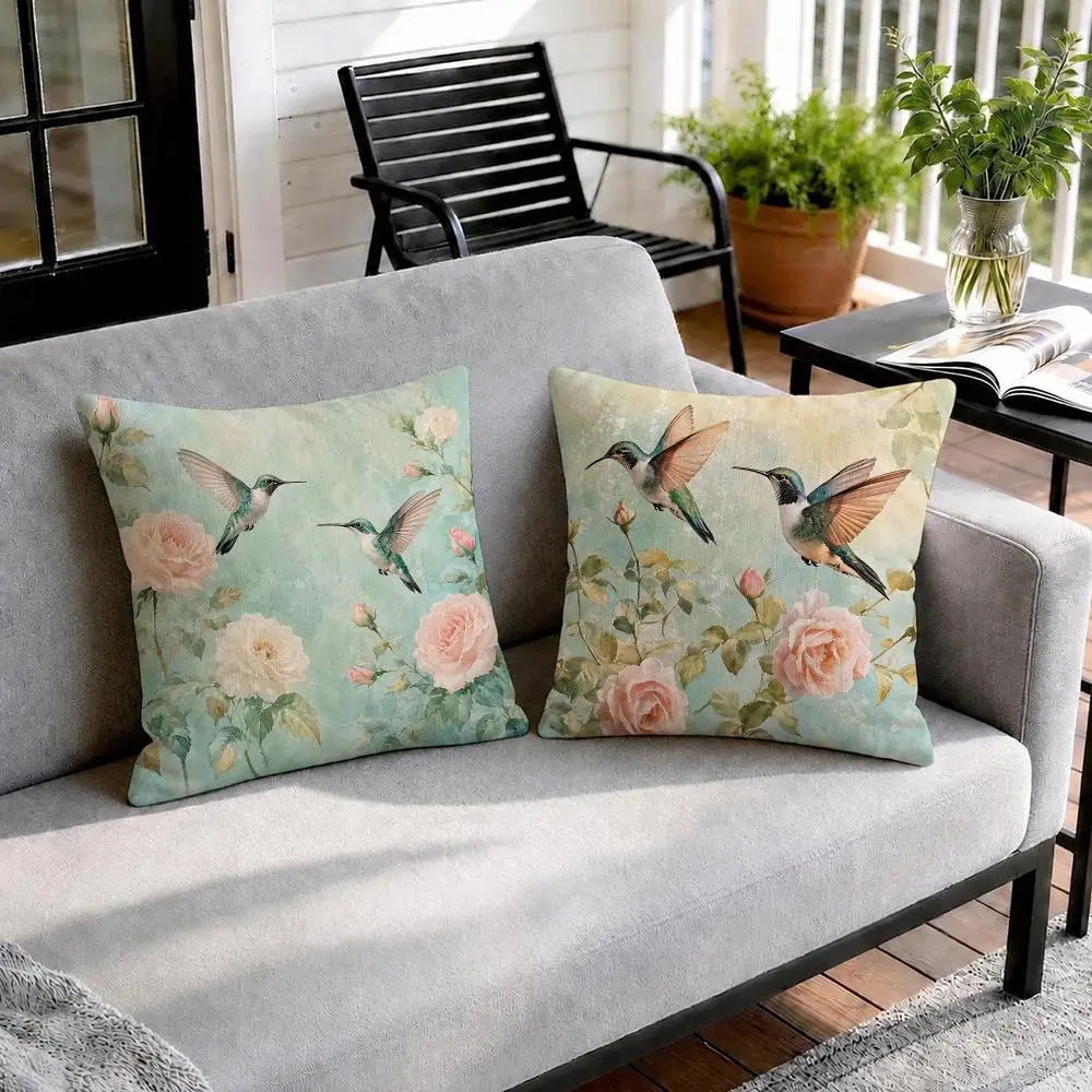 Hummingbirds & Roses Cushion Cover Natural Linen Organic Fabric Double-Sided Printing Sofa Home Decor Gift Pillow Cover