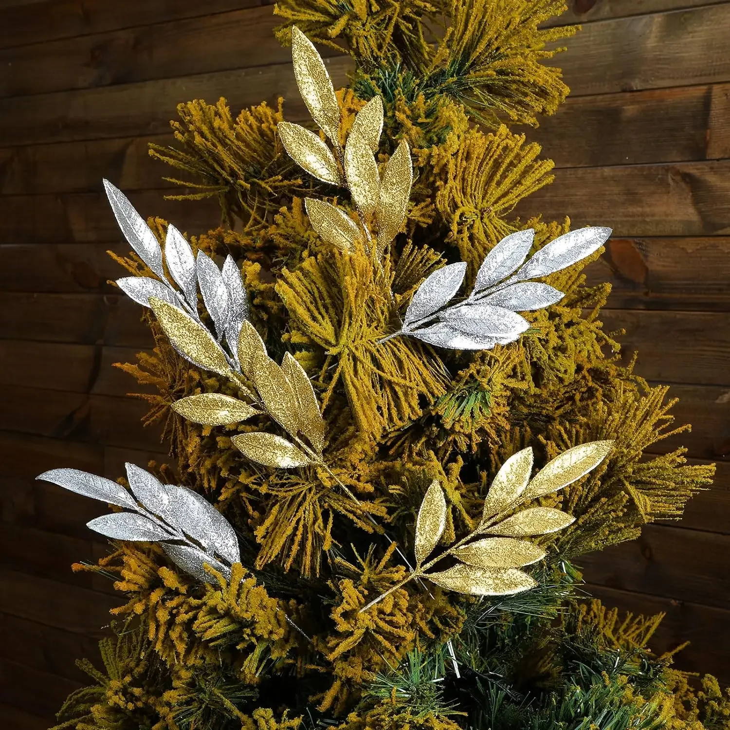 Wholesale Artificial Glitter Leaves Christmas Plastic Gold Silver Olive Leaf DIY Xmas Tree Ornaments Fake Plant Home Party Decor