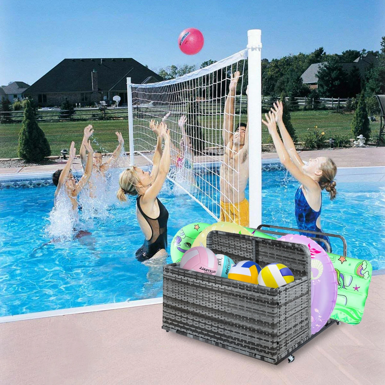 

Outdoor Pool Storage - PE Rattan Pool Holder Pool Basket for Towels, Pillows & Pool Floats with Wheels for Pool Garden Backyard