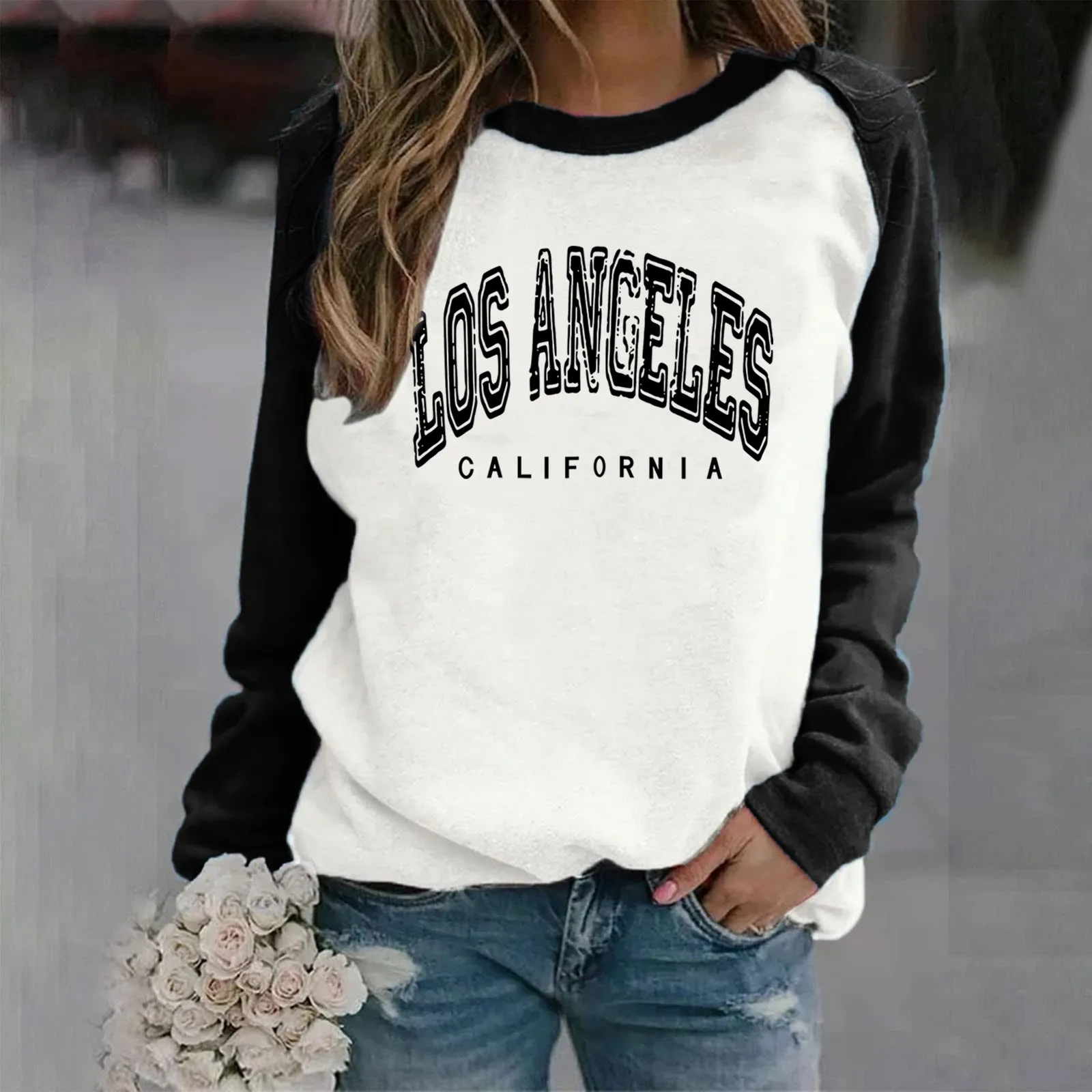 

Loose Sweatshirts Womens Contrast Long Sleeve Los Angeles Letters Print Crew Neck Sweatshirts Pullovers Tops Athletic Tracksuits