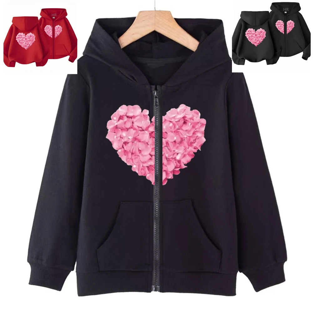 Children Hoodie Zip Up Cardigan Tops Girl Pink Boy Black Gray Purple Coat Hoodies Kid 3-12 Year Zipper Style Heart-Shaped Petal