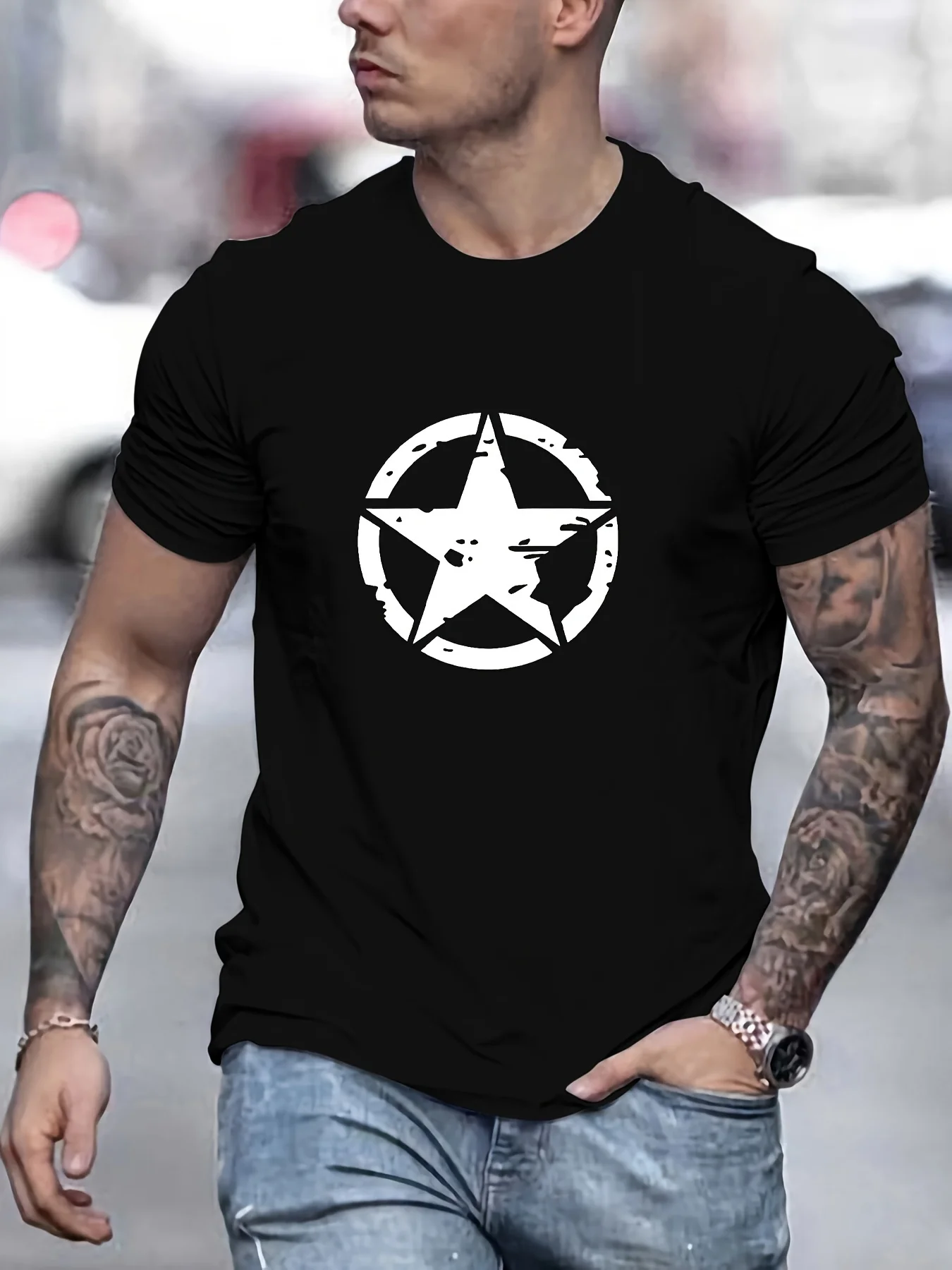 

Summer men's 100% cotton comfortable casual loose oversized star logo graphic printed sports round neck short sleeved T-shirt