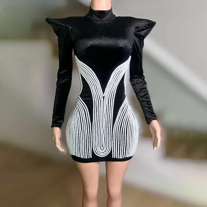 Female Gogo Dancer Costume Party Show Outfit Singer Stage Wear Black High Collar Padded Shoulder Dresses Birthday Outfit yj008