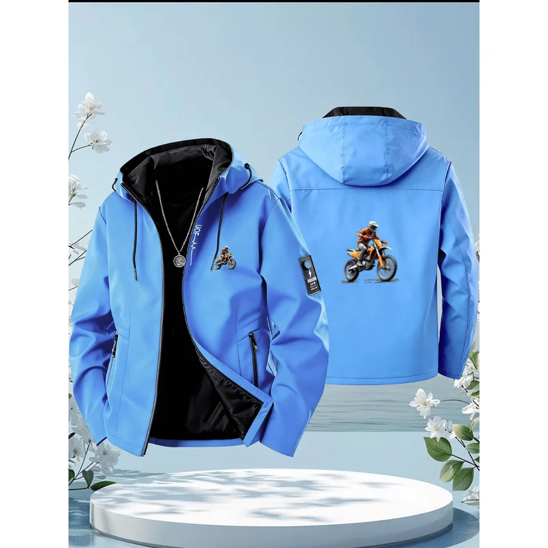 Motocross rider pattern men and women hooded jacket - outdoor adventure zippered pockets smooth fabric