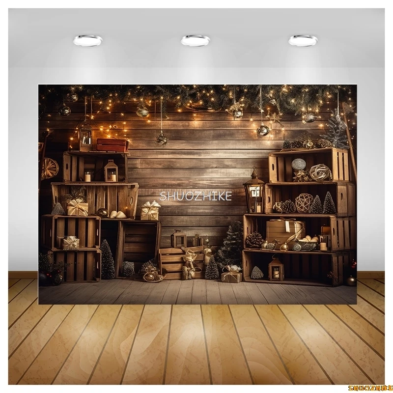 Fondos de fotografía del día de Navidad Prop chimenea ventana invierno decoración de árbol de Navidad guirnalda de flores fondo de puerta de madera JU-12