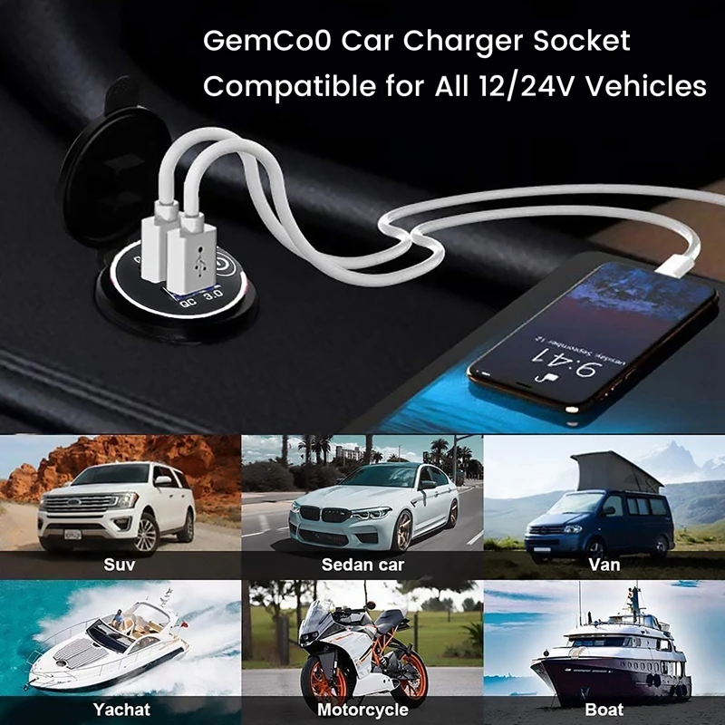 12V 36W Quick Charge 3.0 Dual USB Car Charger USB Fast Charger With Switch For Boat Motorcycle Truck Sedan