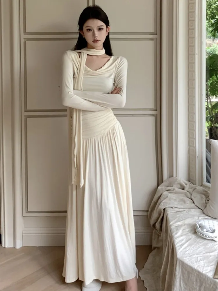 Elegant Slim Waist Female Knitted Long Dress Long Sleeve Swinging Collar Women A-line Clothing Casual Evening Prty Prom Robe