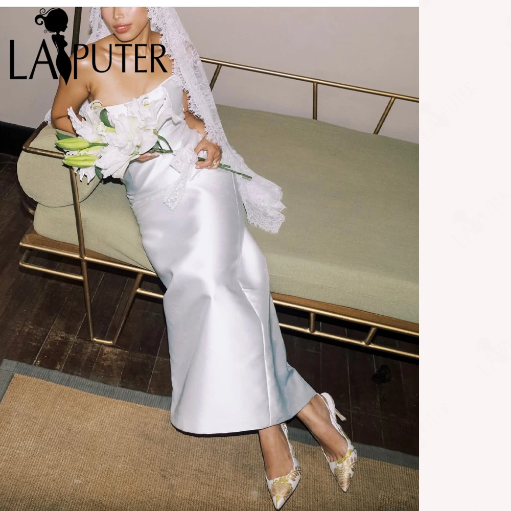 Ivory Column Wedding Dresses Bride Tea Length Wedding Gown Off Shoulder Mikado Bridal Wedding Dresses