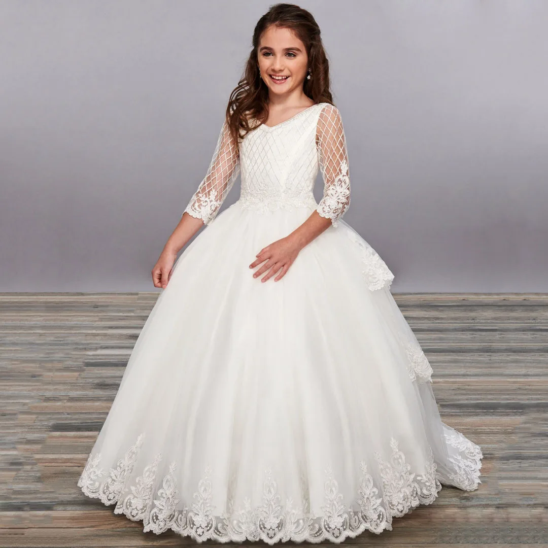 

Snvdzo Customized Flower Girl Dresses Tulle Lace Floral Appliques For Wedding Birthday Party Prom Banquet Holy Communion Gown