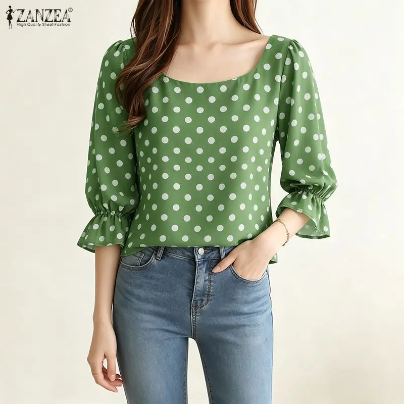 

ZANZEA Women's Polka Dot Blouses Elegant Square Neck 3/4 Puff Sleeve Elastic Cuffs Pullover Tops Daily Casual Blusas de Mujer