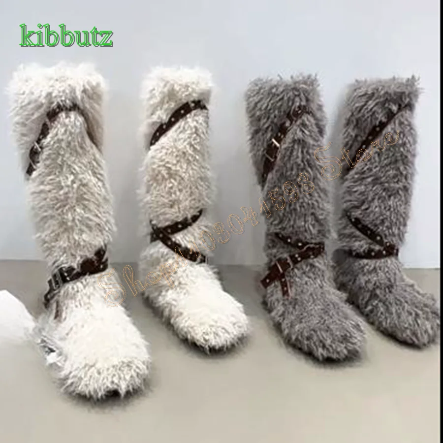 

Winter Furry Knee High Boots,Thin Strap Leather Buckle Women Boots Comfortable Round Toe Snow Boots 2024 New Zapatos Para Mujere