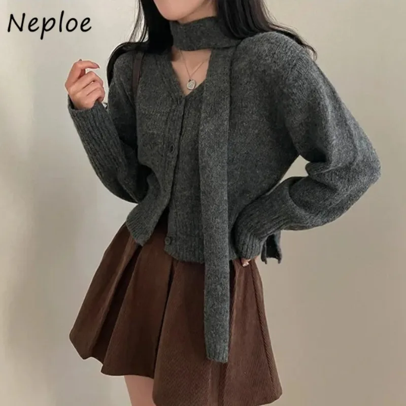 Neploe 2024 Autumn Winter French Simple Vintage Style Cardigan Femme Long Sleeved Thick Hanging Neck With Scarf Knitted Sweater