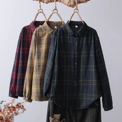 Women's plaid shirts and blouses 100% cotton dark green red check shirt girls autumn casual long sleeve tops vintage clothing