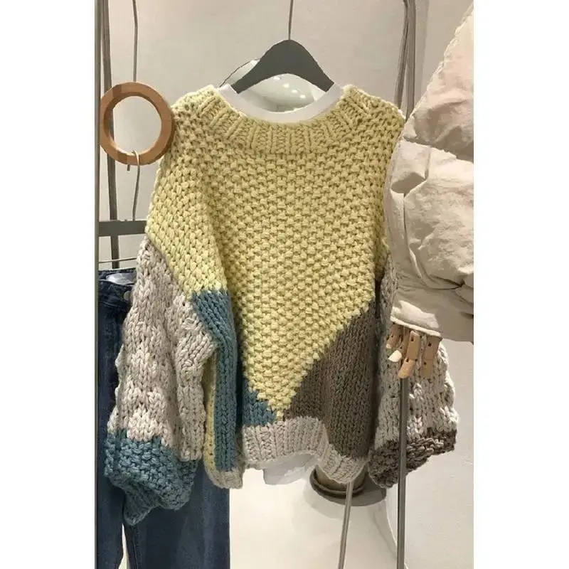 2025 autumn winter new stacked women's clothing loose retro color matching twist pattern knitted pullover sweater women's trend