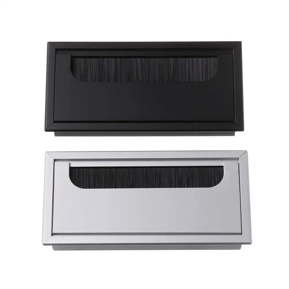 Aluminum Alloy PC Desk Rectangle Wire Cable Grommet Office Table Hole Cover Outlet Port with Black Brush