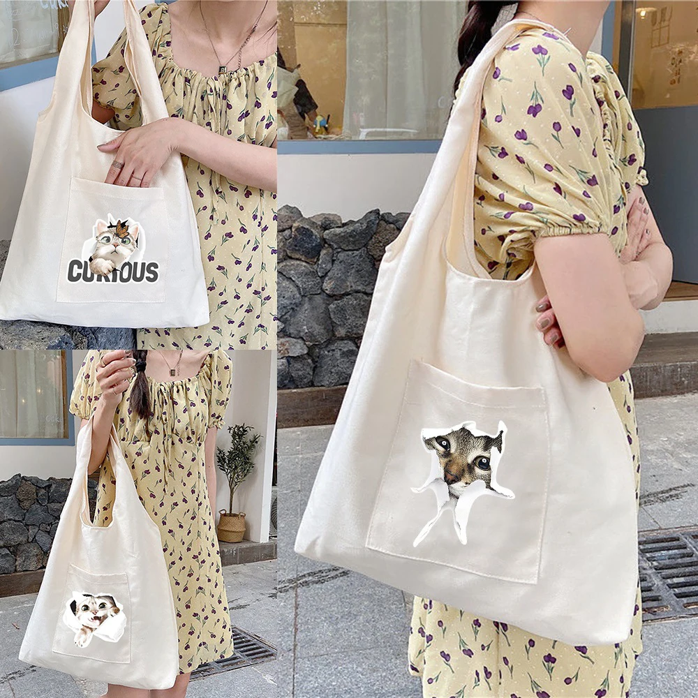 

Women's Shopper Shopping Bags Canvas Commuter Vest Bag Print Cat Series Reusable Grocery Handbags Eco Messenger Tote School Bag
