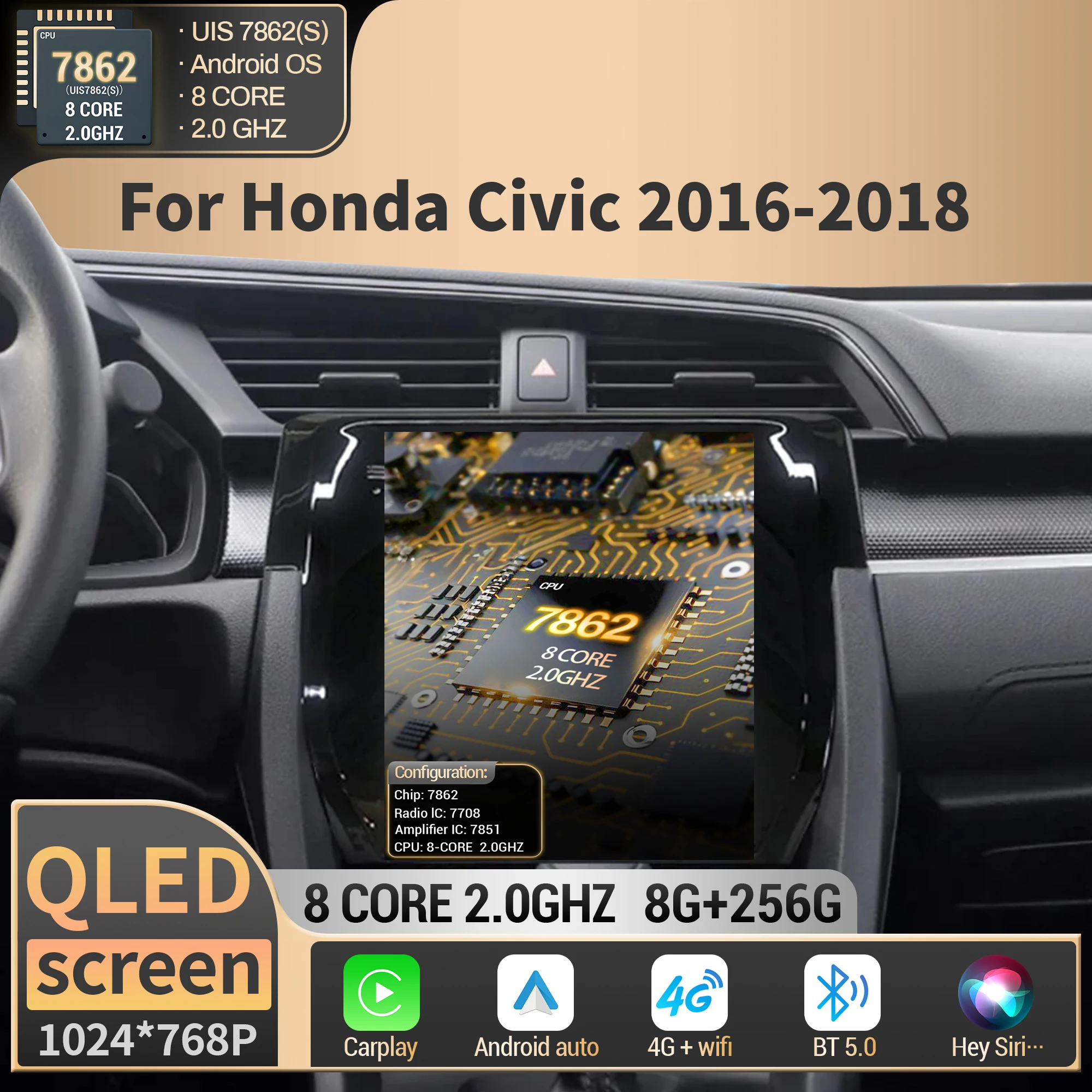 9.7inch For Honda Civic 2016 2017 2018 Car Radio Multimedia Navigation GPS Wireless Android BT CarPlay QLED Screen Stereo