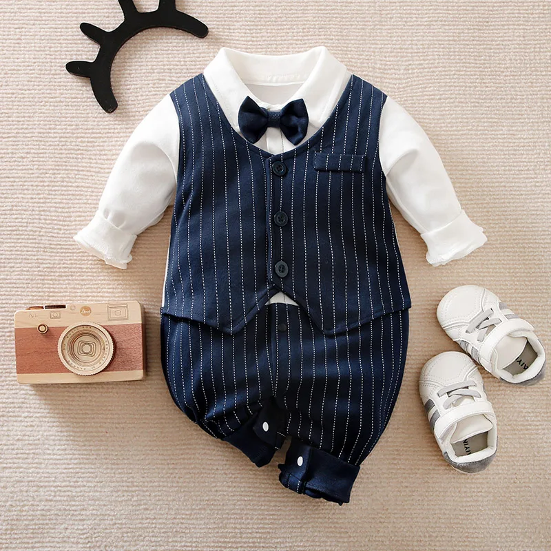

Autumn and Spring Dark Color Toddler Jumpsuit Costume Onesie Newborn Baby Boy Gentleman Outdoor Romper Stripe 100% Cotton Style