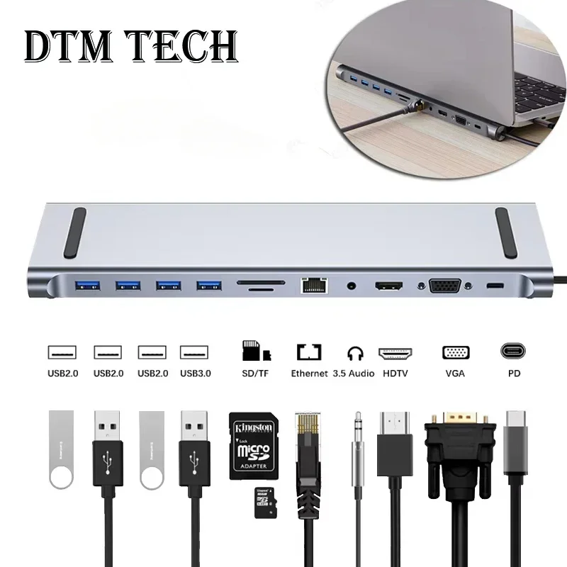 

High Quality12 in 1 USB C HUB Docking Station Multi Port USB Type C 4K HDTV RJ45 PD Port VGA USB Hubs Adapter