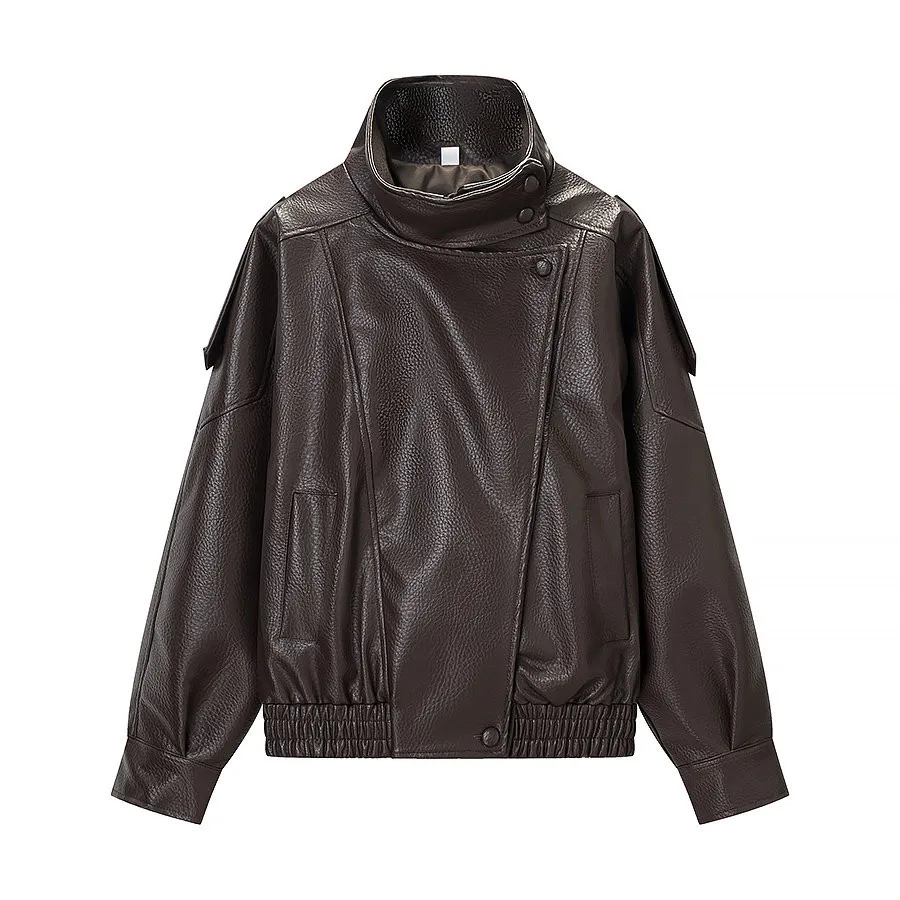 New Women's Fashionable Litchi Skin Leather Retro Jacket Street Style Loose Fit Long Sleeve Zipper Short Vintage Coat Versatile