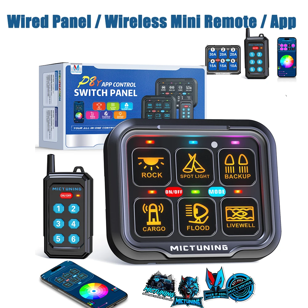MICTUNING P8Y Ultra Wired Switch Panel 6-Gang Wireless App Control with 230ft Remote Auto-dimming RGB Colour Circuit Box for Car