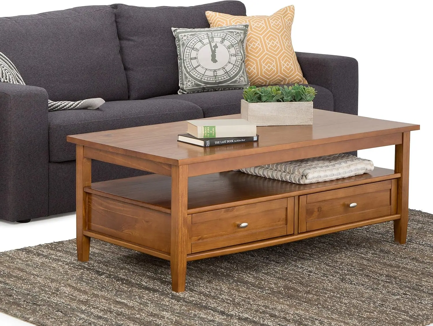 Warm Shaker SOLID WOOD 48 inch Wide Rectangle Rustic Coffee Table in Light Golden Brown, for the Living Room