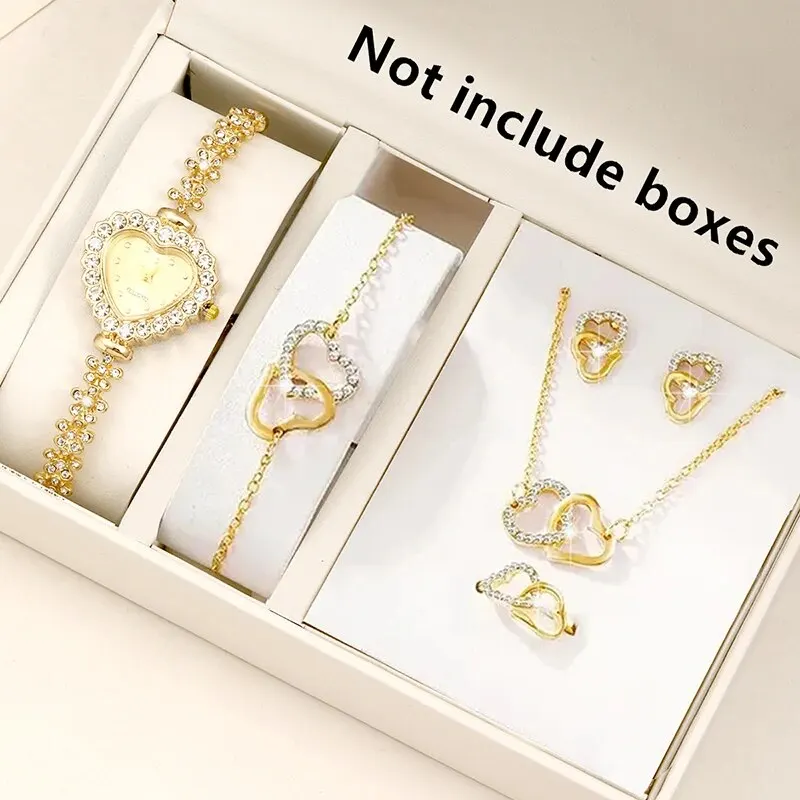 6PCS Set Women Gold Luxury Watch Women Ring Necklace Earring Rhinestone Fashion Wristwatch Casual Ladies Bracelet Watches